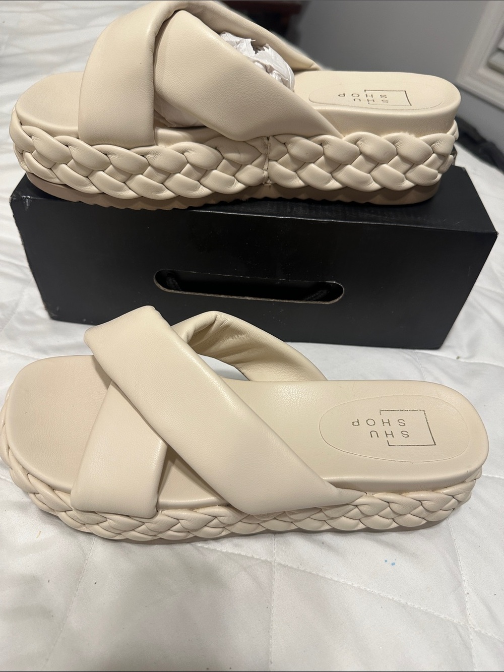 ShuShop Women's Cream Braided Crossover Platform Slides. New never wore